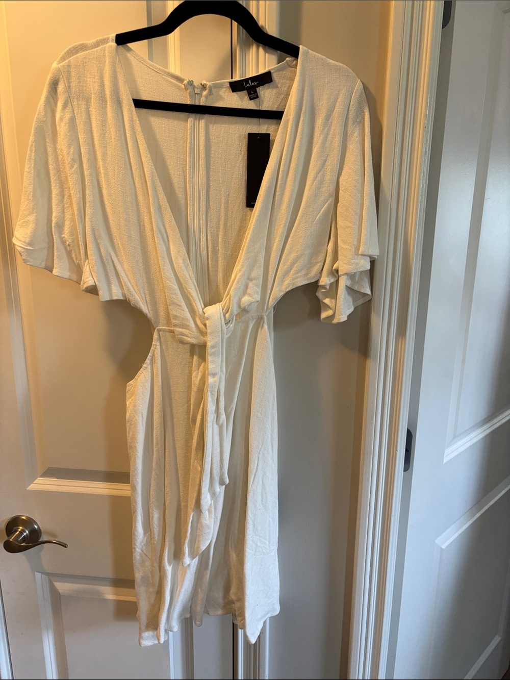 Lulu's Cream Tie-Front Wrap Romper with Flutter Sleeves